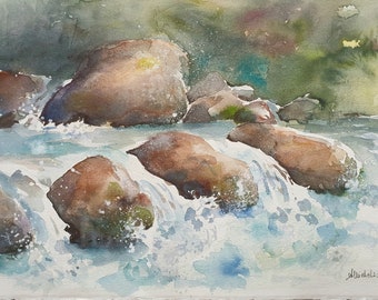 flowing water watercolor painting, water rocks original watercolor painting, rocks wall decor, stream rocks Original art 9.5x13.5 inches