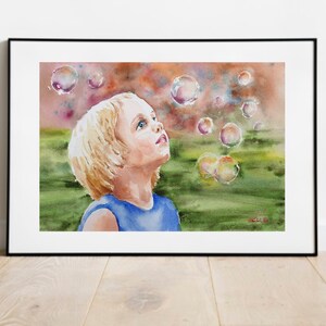 little girl soap bubbles watercolor, soap bubbles original painting, blowing soap artwork, countryside baby girl art, nursery wall decor image 6