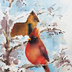 red cardinal bird on snow original watercolor, cardinal bird painting, garden bird wall art, original watercolor of red bird, birds lover
