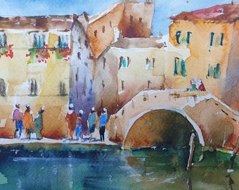 Venice original watercolor painting, painting of Venice wall art, venice canal wall decor, Venice wall art gift, affordable art
