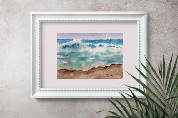 海の波のオリジナル水彩画、海の景色の壁飾り、砕ける波の水彩画、航海