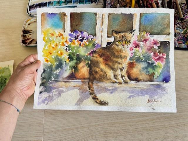 窓辺の猫 bx オリジナル水彩画 花が咲く窓辺の猫のアートワーク 猫の