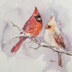 couple of red cardinal birds Original watercolor painting, cardinal birds wall decor, cardinal birds bird lover gift  11x13inches