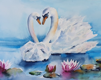 Aquarelle originale de cygnes sur un étang de nénuphars, art original de cygnes, oeuvre d'art de cygne et de lotus, décoration de maison de cygnes sur le lac, peinture de couple de cygnes,