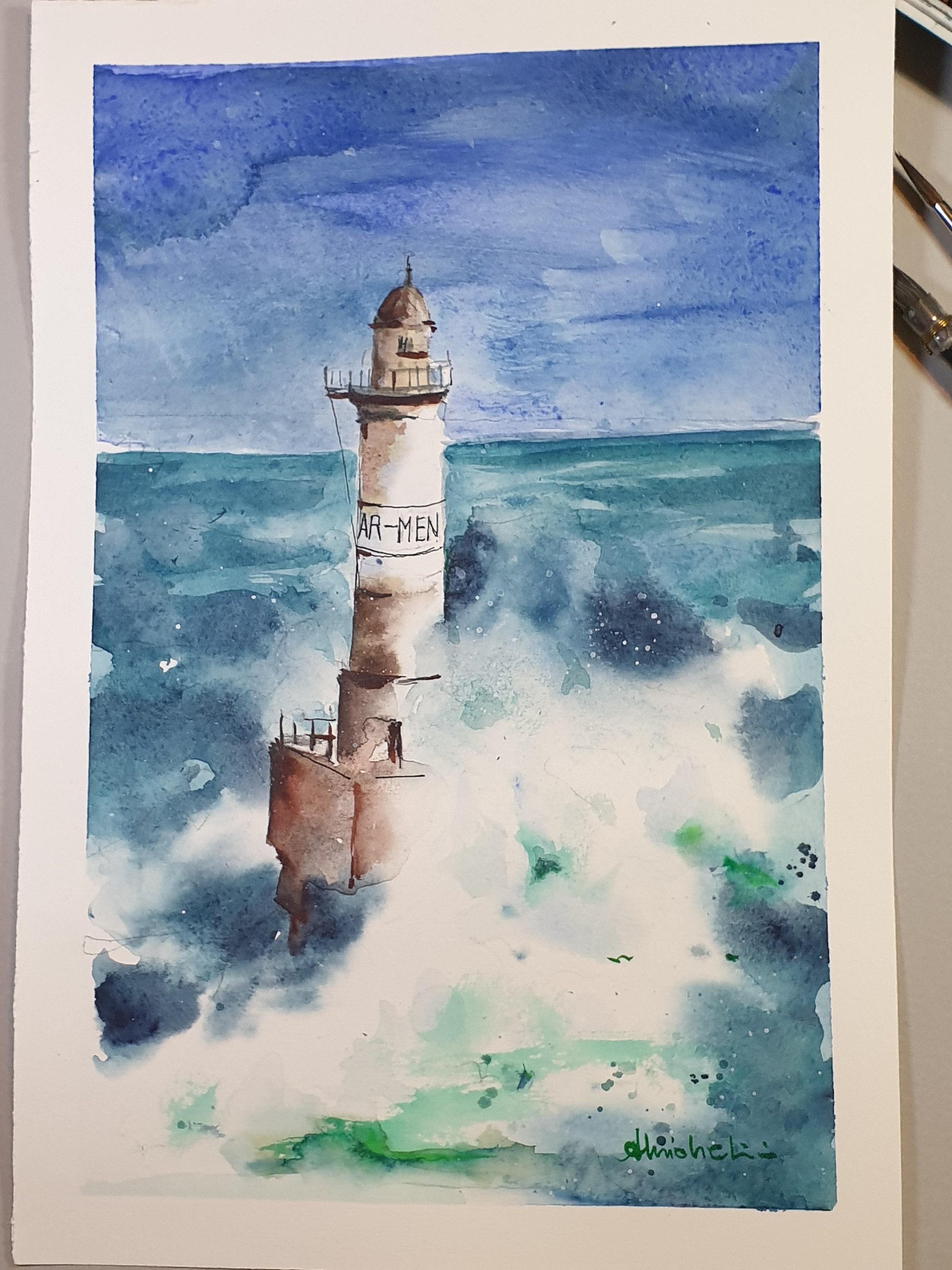 アルメンブルターニュ灯台のオリジナル水彩画、砕ける波の中の灯台の