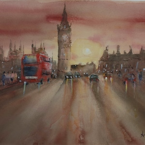 Big Ben by night aquarelle originale, peinture big ben, oeuvre de Londres, cadeau d&#39;art de voyage au Royaume-Uni, décor de coucher de soleil en Angleterre, Westminster by night art