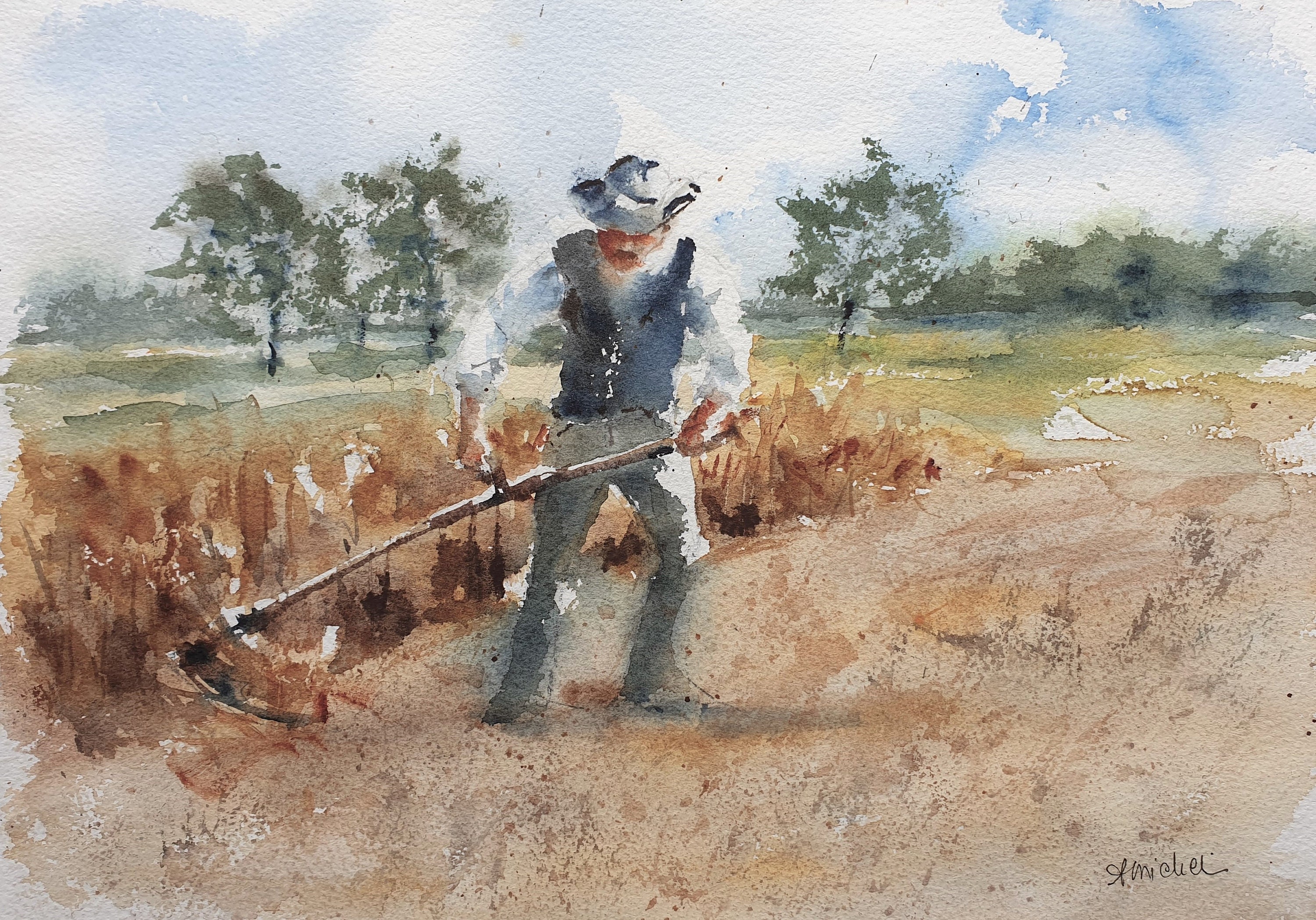 Farmer Working Fields Painting, Wheat Field Original Watercolor