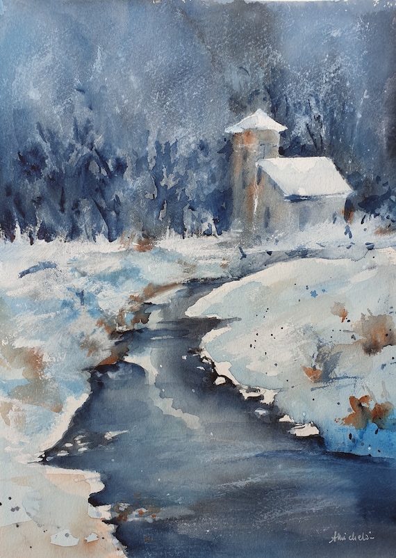 冬の風景 水彩画27cm25cm Painting a snowy landscape in the spring light. Watercolor by