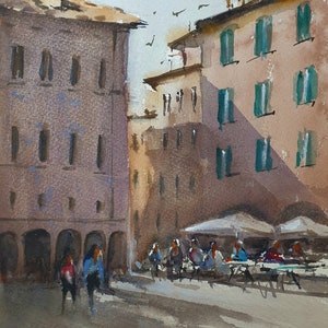 Acquerello originale con vista sulla strada di Roma, paesaggio urbano del ristorante di Roma, opere d'arte di un caffè italiano, pittura con vista sulla città italiana, arte murale della vita cittadina in Italia