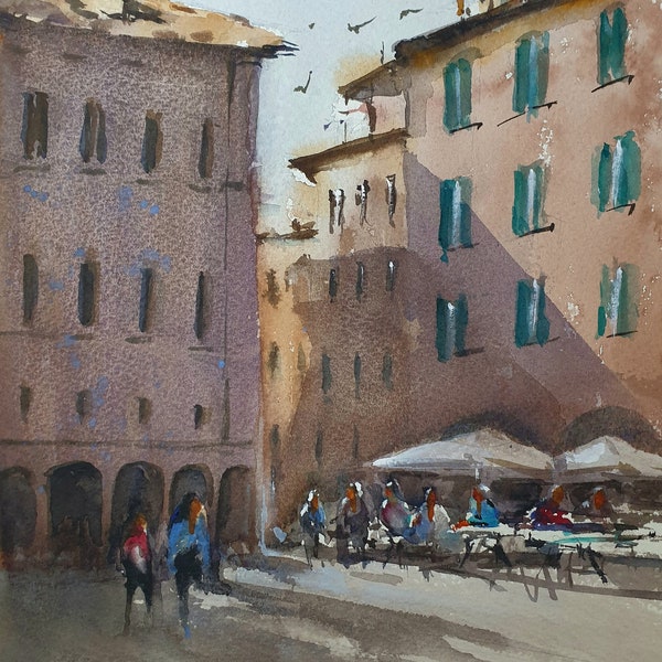 aquarelle originale de vue de rue de Rome, paysage urbain de restaurant de Rome, illustration de café italien, peinture italienne de vue de ville, art de mur de citylife d'Italie