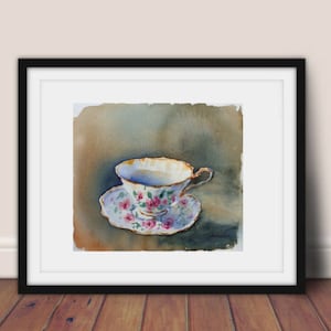 acquerello originale tazza da tè, pittura tazza da tè vintage, opera d'arte tazza di caffè, arte della parete tazza di tè floreale, arte dell'ora del tè, arte della tazza di porcellana fiorita