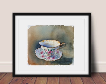 teacup original watercolor, vintage teacup painting, coffee cup artwork, floral tea cup wall art, tea time art, flowered porcelain cup art