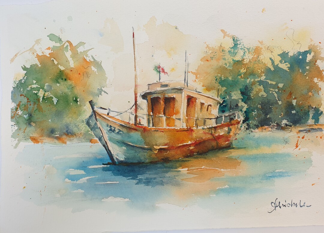 Fishing Boat Original Watercolor, Nautical Home Decor, Old Moored Boat ...