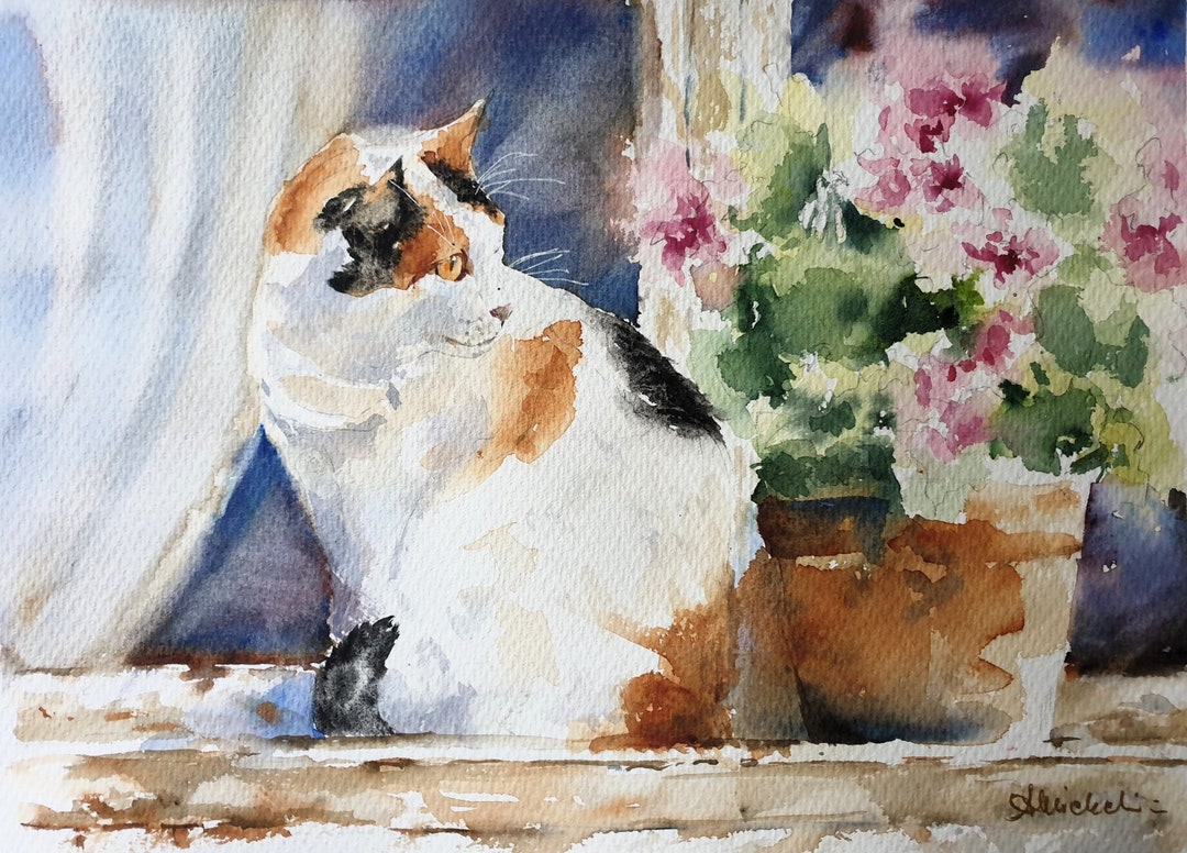 Calico Cat on Window Original Watercolor, Watercolor of Cat on ...