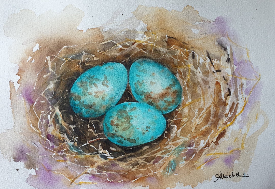 Original Watercolor Nest, Nest With Eggs Painting, 3 Blue Eggs in Nest Artwork, Bird Nesting