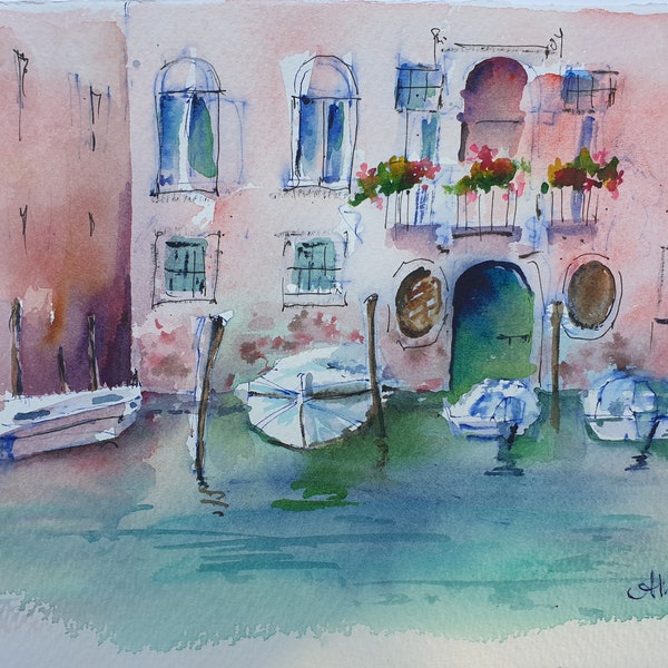 Venise croquis aquarelle originale, art mural de paysage de Venise, oeuvre de gondole, décor à la maison de vue de canal de Venise, peinture de Venise 7,5 x 11 pouces