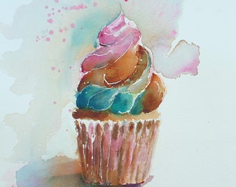 watercolor cupcake painting, strawberry cupcake watercolor painting, cake painting, cupcake original watercolor painting 11x7inches