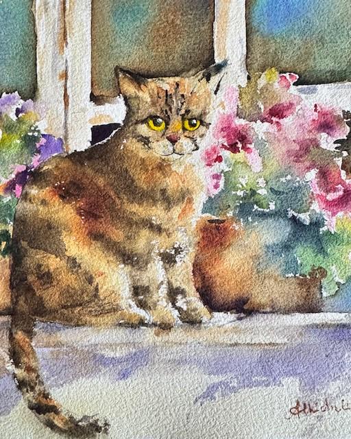 猫　水彩画 窓辺の猫 bx オリジナル水彩画 花が咲く窓辺の猫のアートワーク 猫の