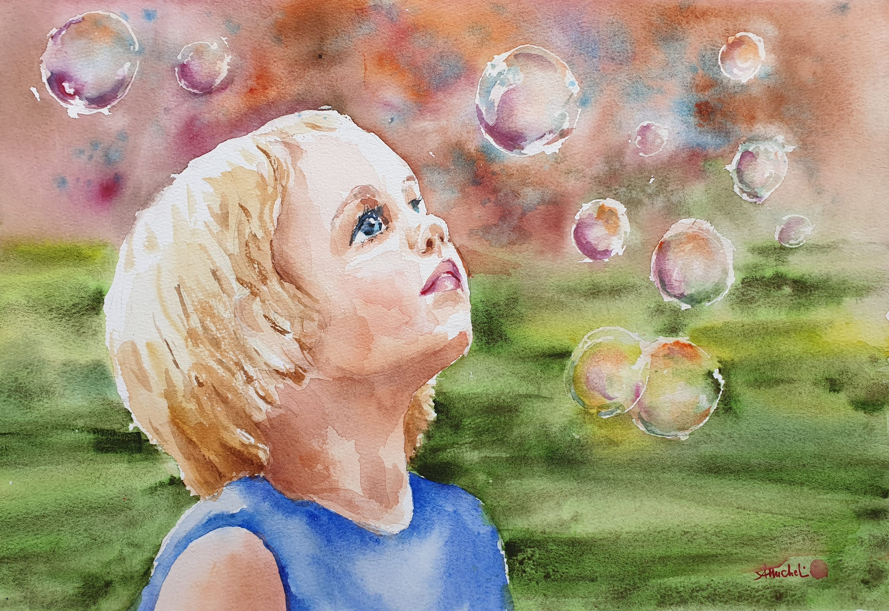 小さな女の子のシャボン玉の水彩画、シャボン玉のオリジナル絵画
