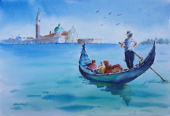 オリジナルのヴェネツィアのゴンドラの水彩画、イタリアの都市景観