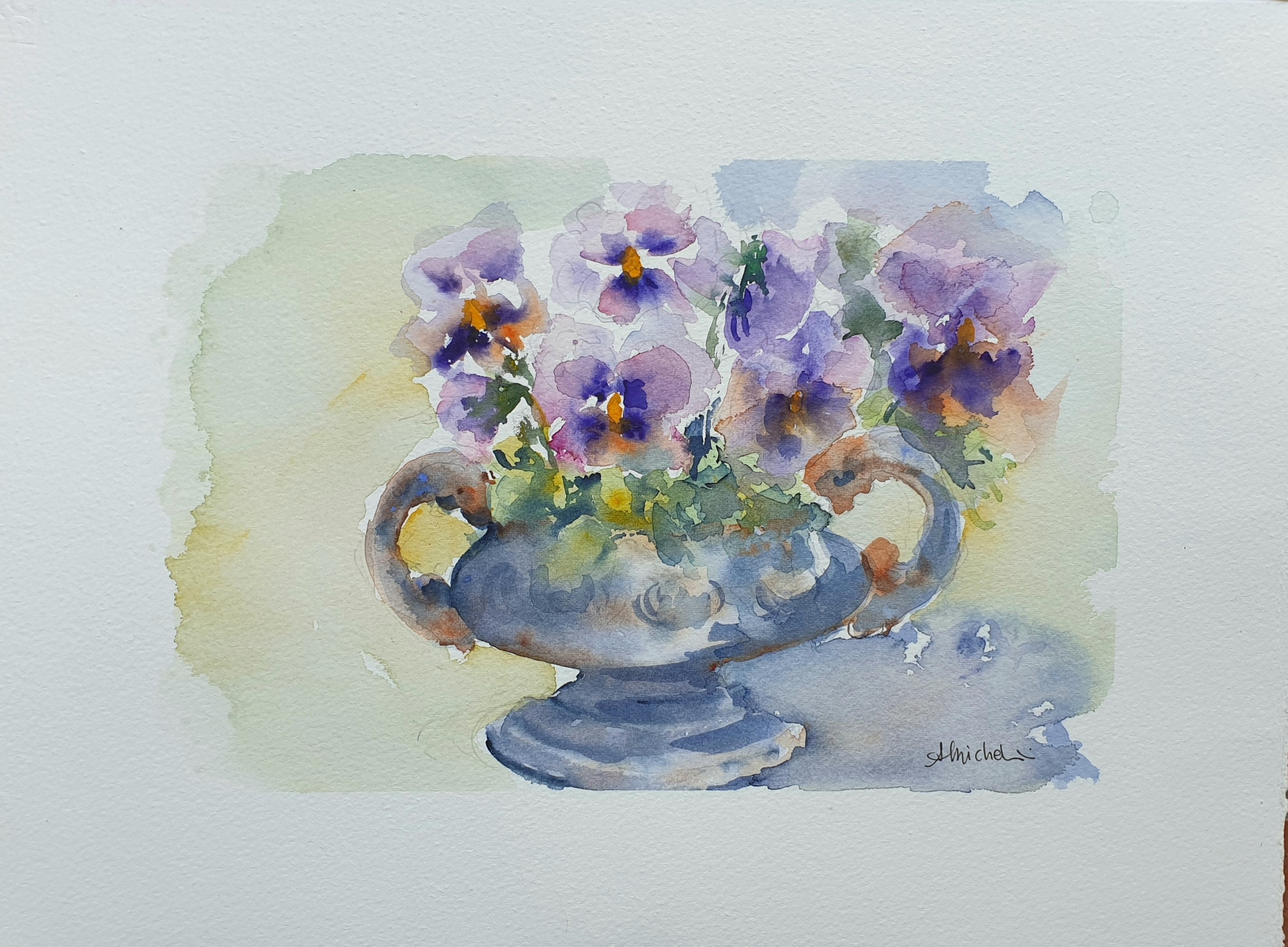 パンジーの鉢の水彩画、鉢の上のスミレの絵、紫色の花の壁飾り