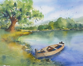 rowboat on lake original watercolor, river boat painting, lonely boat wall art, nautical watercolor art, fishing boat art, lake landscape