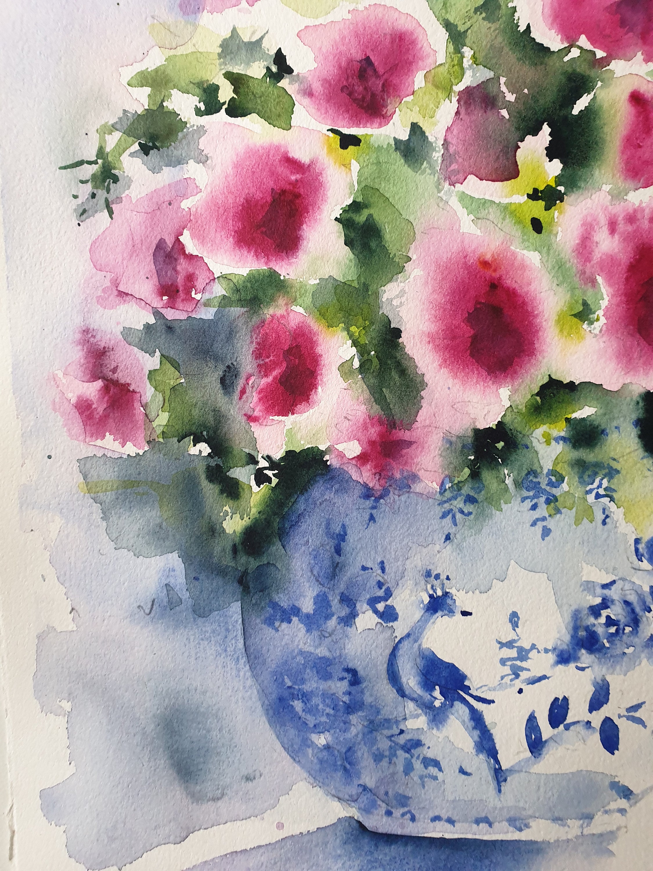 中国の花瓶の花、花の水彩画、花束の壁アート、花瓶のピンクの花の