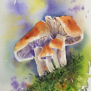 setas acuarela original, pintura de hongos, decoración de la pared de la cocina, pintura de setas, arte de la pared de hongos, arte de la cabaña de otoño,