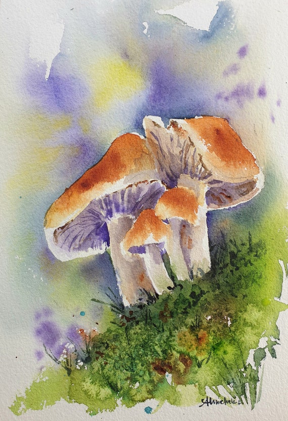 淡い1本きのこの水彩画(原画) キノコのオリジナル水彩画、菌類の絵画、キッチンの壁の装飾、キノコの