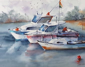 Fishing boats original watercolor, Sailing boats painting, Seascape art, Coastal wall decor, watercolor boat artwork, nautical home decor,
