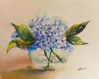 blue hydrangea vase original watercolor, hydrangea painting, floral wall art gift , watercolor wall decor, flowers in glass vase wall art