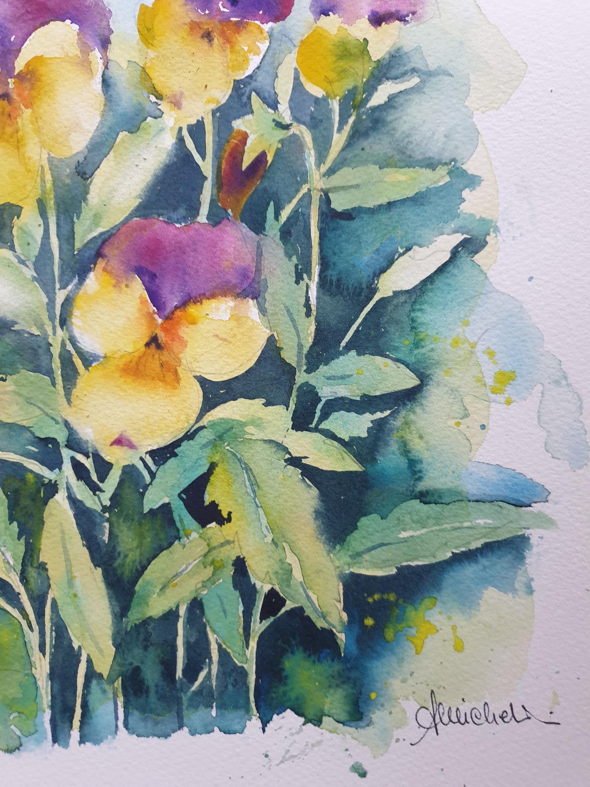 パンジーのオリジナル水彩画、パンジーの花の絵、パンジーの花のアート