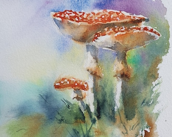 fly agaric original watercolor, mushrooms painting , kitchen wall decor, fly amanita painting, mushroom  painting, autumn cottagecore art