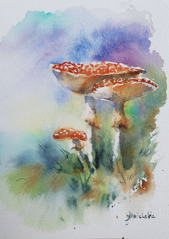 fly agaric original watercolor, mushrooms painting , kitchen wall decor, fly amanita painting, mushroom  painting, autumn cottagecore art