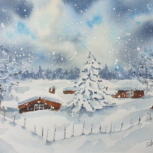 snow village landscape original watercolor, white Christmas painting gift, snow scene wall art, snowy landscape home decor size 7.5x13 inch