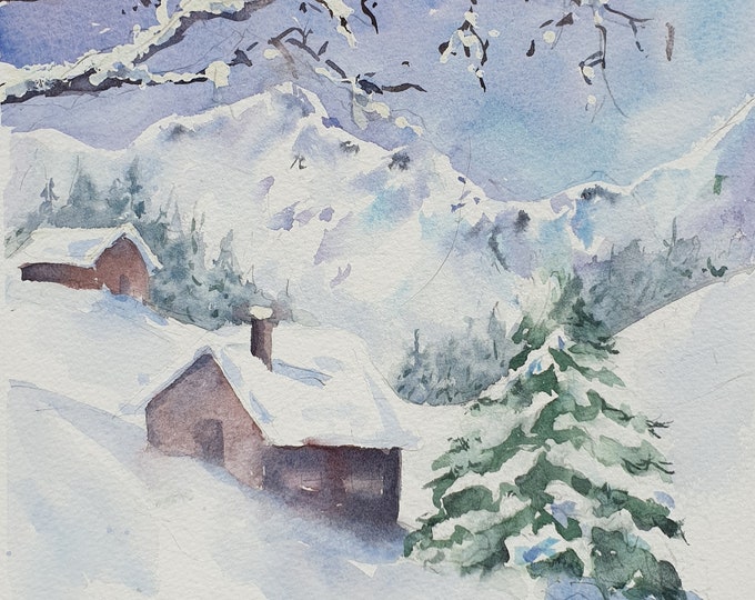 Snowy Mountain Cabin Original Watercolor Painting, Log Cabins in the ...