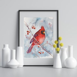red cardinal bird original watercolor, Cardinal bird artwork, garden bird original painting, bird lover art gift, red bird on snow wall art