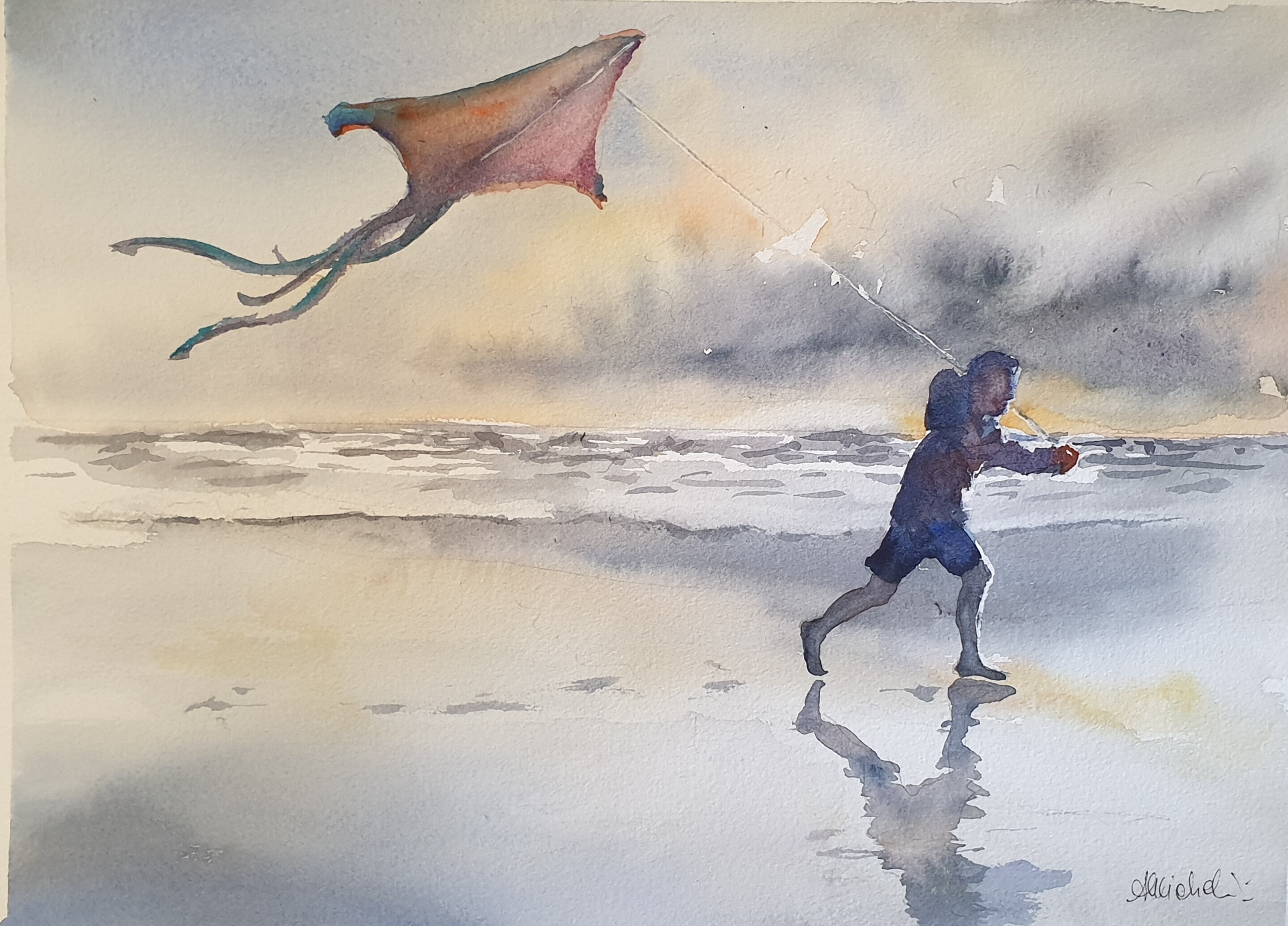 Boy with kite watercolor painting flying kite artwork boy on Etsy