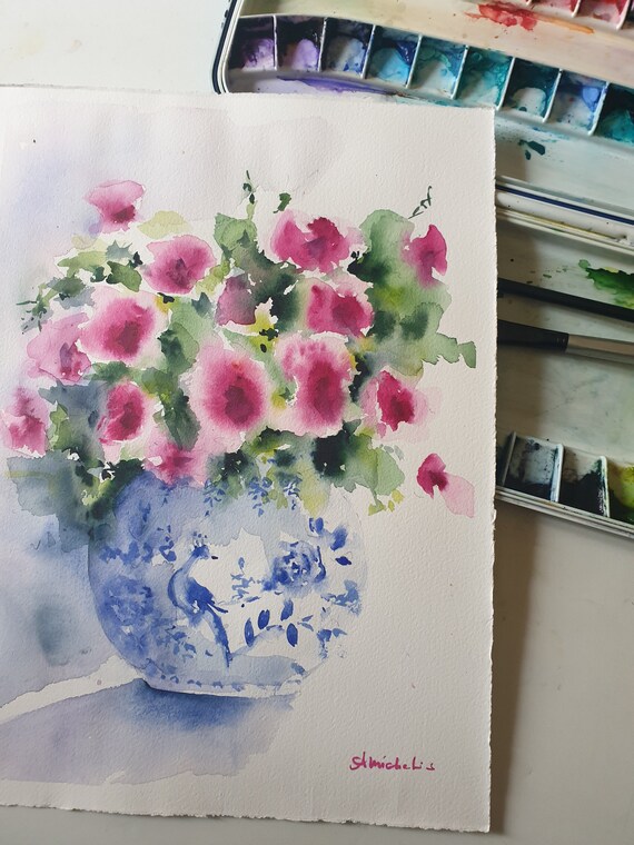 中国の花瓶の花、花の水彩画、花束の壁アート、花瓶のピンクの花の