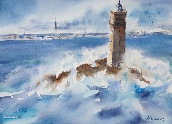 Phare du cap Sizun peinture aquarelle originale, décoration