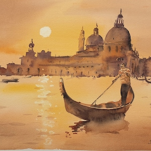 Acuarela original de la puesta de sol de Venecia, pintura de saludo de Santa María de Venecia, decoración de la pared de Venecia, puesta de sol en el arte de la pared de Venecia, regalo de arte de viaje de Itay
