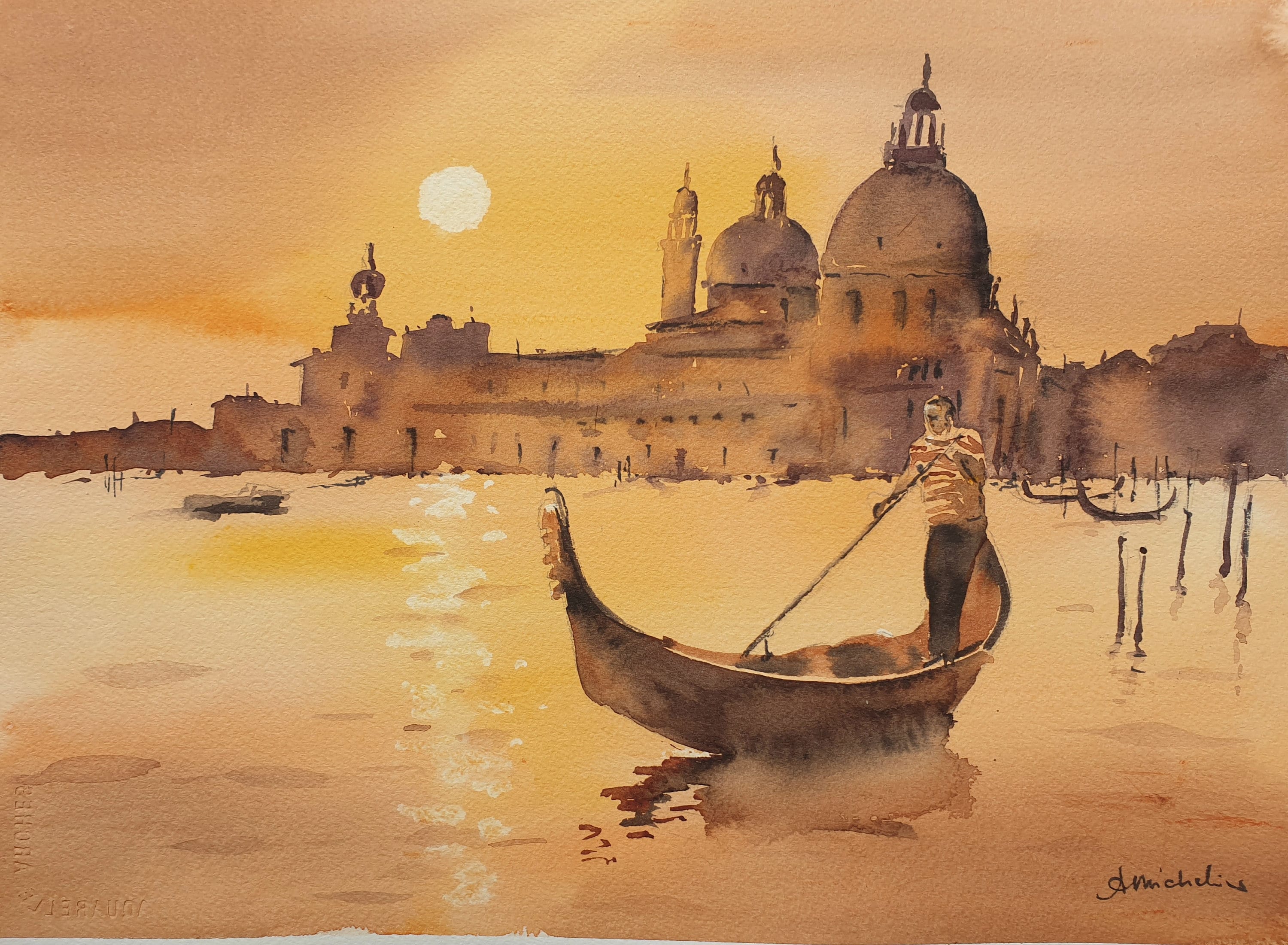 ベネチアの夕日オリジナル水彩画、ベネチアのサンタ・マリア・サルーテ