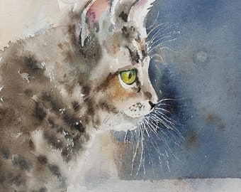 grey kitten original watercolor, cat orginal painting, playful kitten wall decor, nursery kitty wall hanging, tabby cat home decor