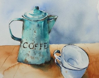 Emaille Kaffeekanne Tassen Aquarell, Tassen original Malerei, Vintage Topf und Tassen Kunstwerk, Kaffeezeit Wandkunst, blaue Emaille Aquarell