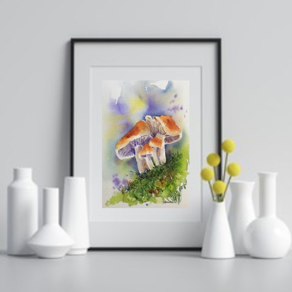 キノコのオリジナル水彩画、菌類の絵画、キッチンの壁の装飾、キノコの