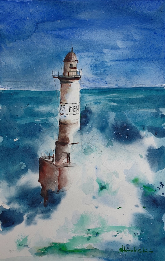 アルメンブルターニュ灯台のオリジナル水彩画、砕ける波の中の灯台の