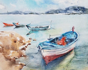 外洋に浮かぶカラフルな漁船の絵画、漁船の水彩画、海の風景、海の