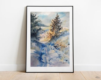 冬の道 オリジナル水彩画 冬の風景画 雪道風景 雪景色 田園の冬風景