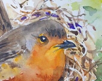 オリジナル作品「ロビンの巣」水彩画、鳥の壁掛けアート（12.1×9インチ