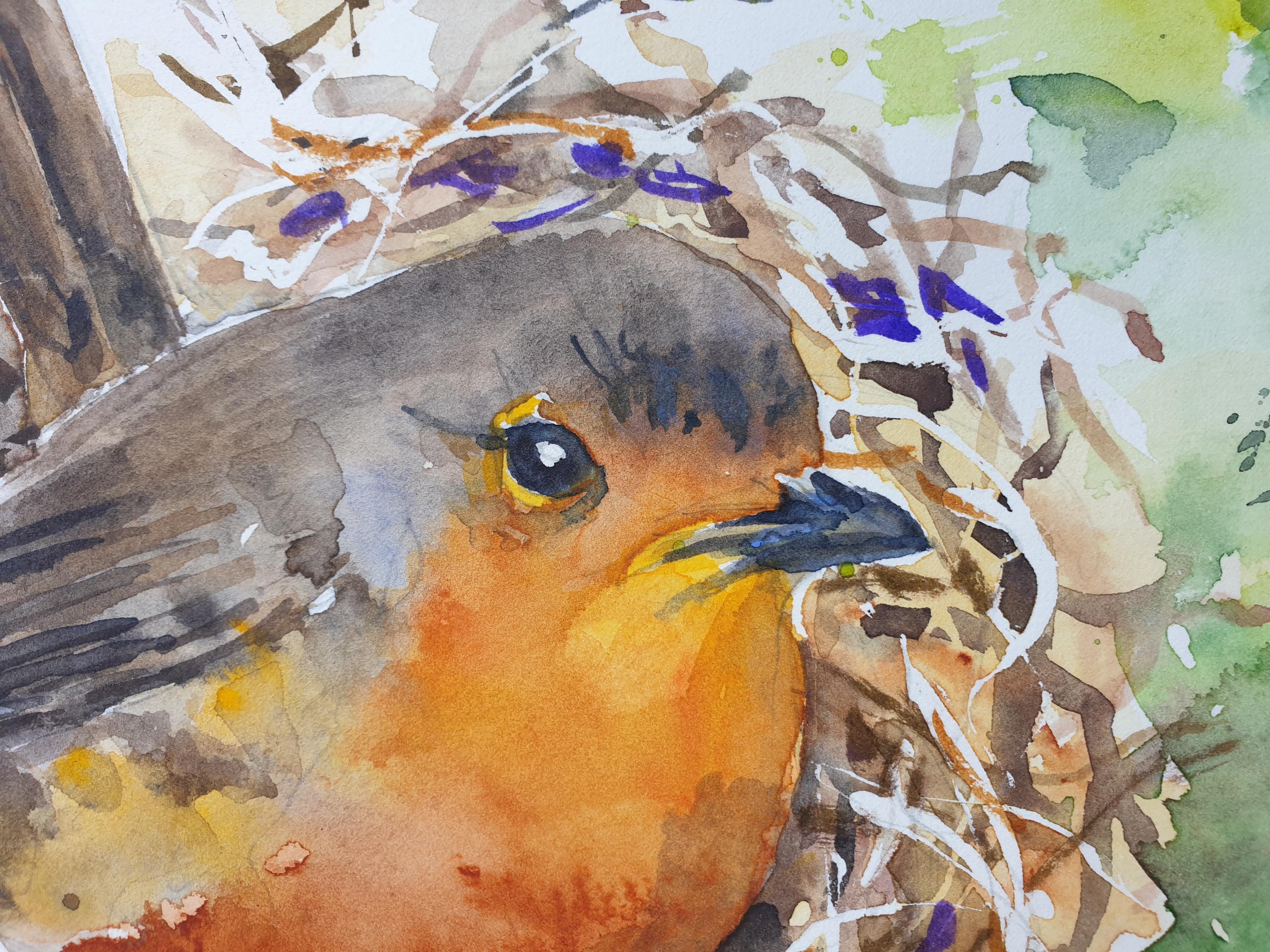 オリジナル作品「ロビンの巣」水彩画、鳥の壁掛けアート（12.1×9インチ
